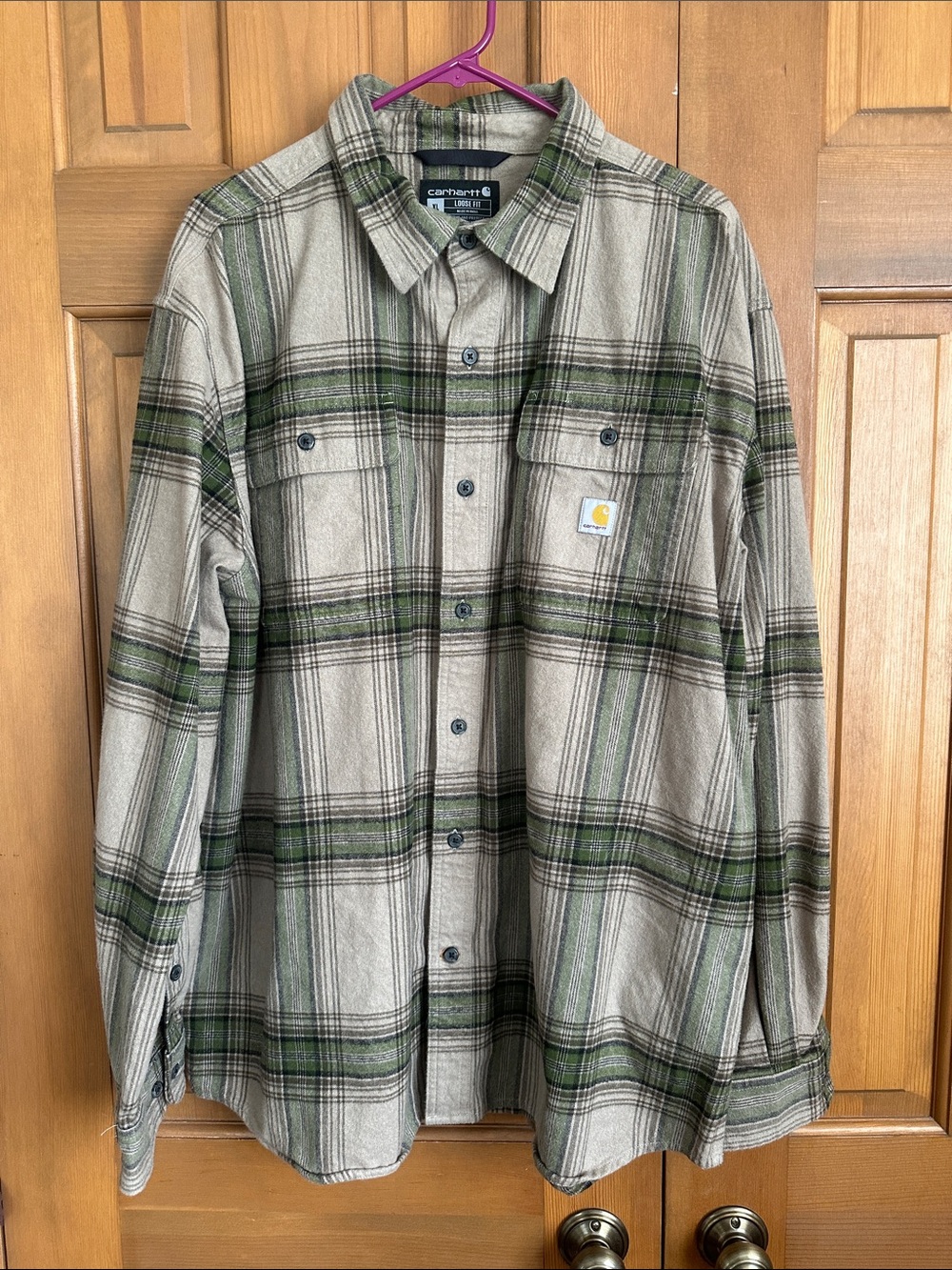 Carhartt Men's Loose Fit Tan and Green Plaid Button-Down Work Shirt